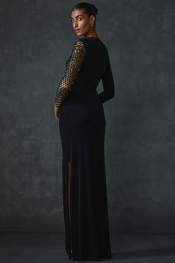 Black Jersey Hand Embellished Fitted Engagement Gown by Namrata Joshipura at Pernia's Pop Up Shop