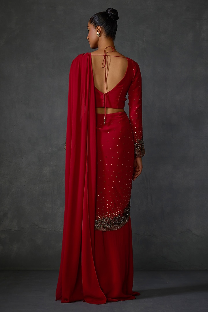 Cherry Red Georgette Floral Hand Embellished Draped Wedding Saree Set by Namrata Joshipura at Pernia's Pop Up Shop