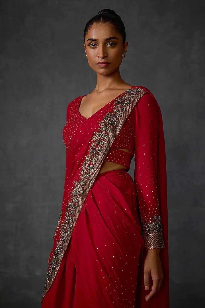 Cherry Red Georgette Floral Hand Embellished Draped Wedding Saree Set by Namrata Joshipura at Pernia's Pop Up Shop