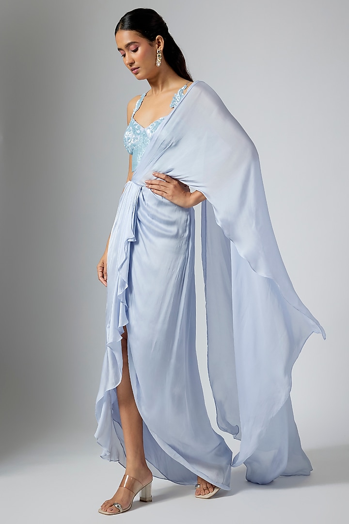 Powder Blue Cupro Draped Wedding Saree Set by Namrata Joshipura at Pernia's Pop Up Shop