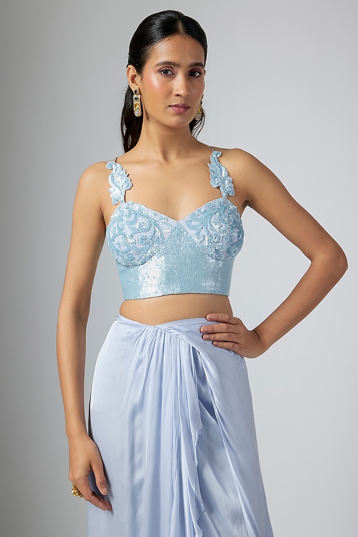 Powder Blue Cupro Draped Wedding Saree Set by Namrata Joshipura at Pernia's Pop Up Shop