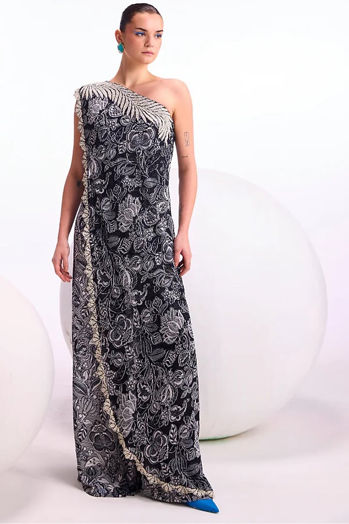 Black Georgette Floral Embellished One-Shoulder Jumpsuit by Namrata Joshipura at Pernia's Pop Up Shop