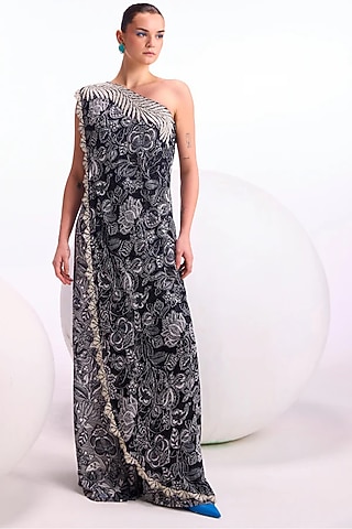 Black Georgette Floral Embellished One-Shoulder Jumpsuit by Namrata Joshipura