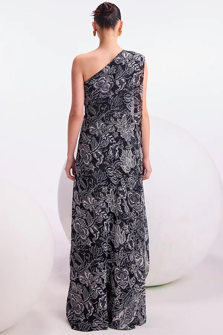 Black Georgette Floral Embellished One-Shoulder Jumpsuit by Namrata Joshipura at Pernia's Pop Up Shop