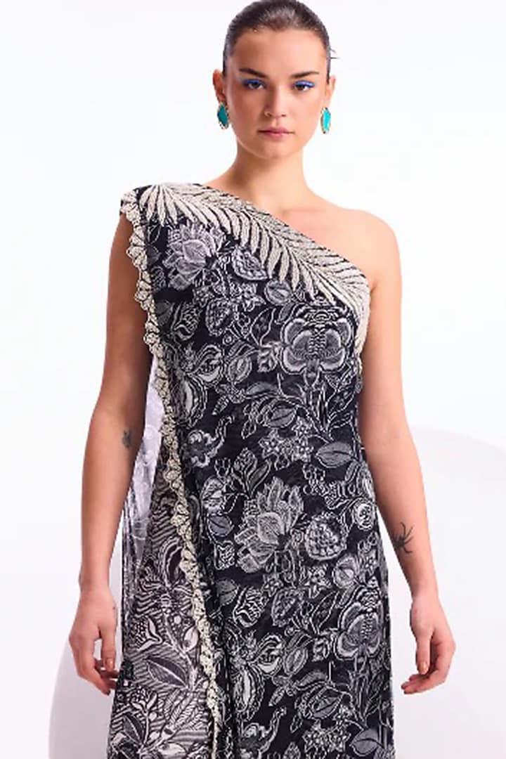 Black Georgette Floral Embellished One-Shoulder Jumpsuit by Namrata Joshipura at Pernia's Pop Up Shop