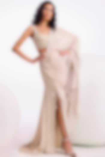 Champagne Shimmer Chiffon Hand Embellished Draped Wedding Saree Set by Namrata Joshipura at Pernia's Pop Up Shop