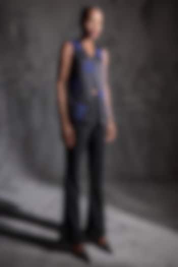 Charcoal Black Satin Linen Floral Embellished Co-Ord Set by Namrata Joshipura at Pernia's Pop Up Shop