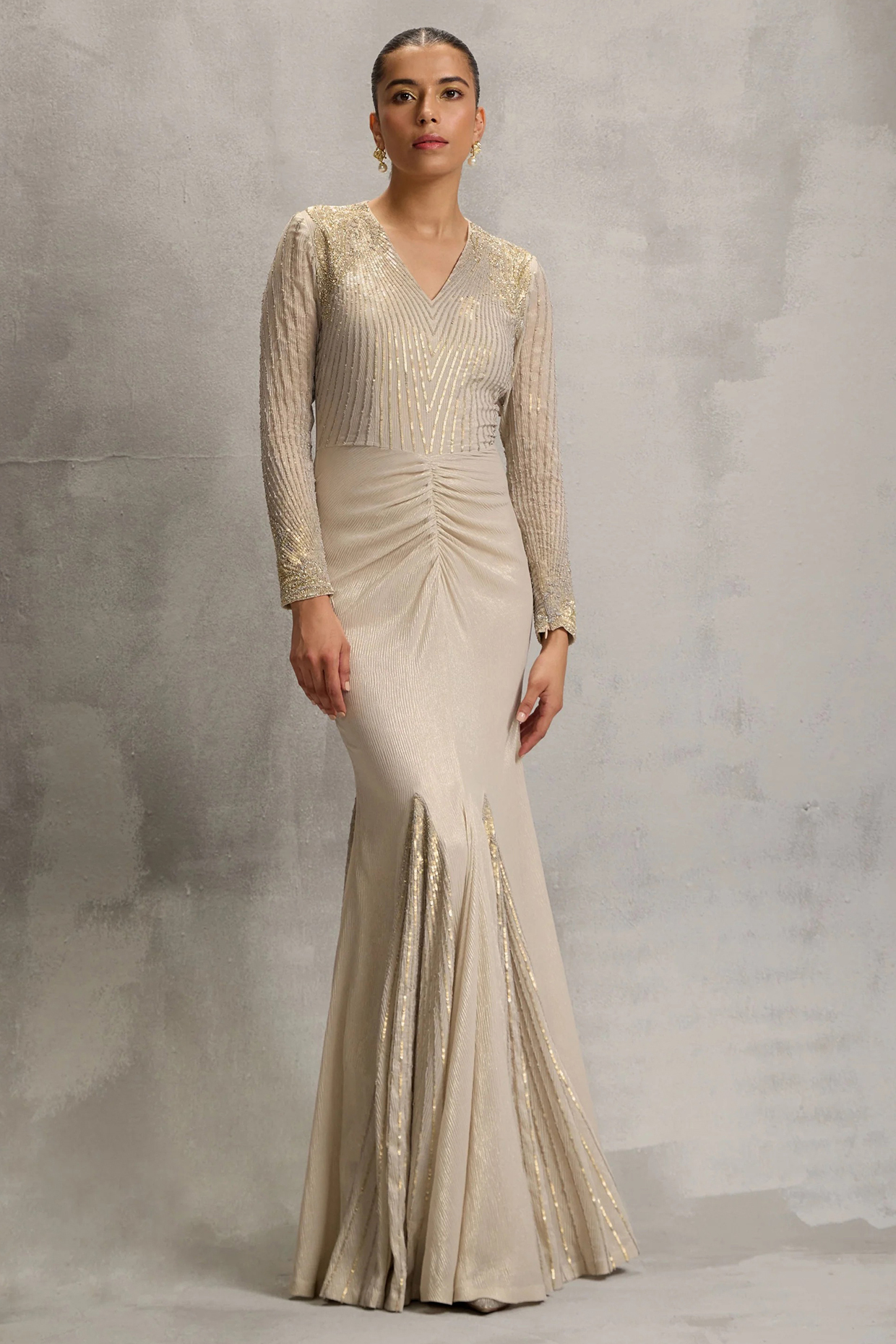 Aurum Shimmer Chiffon Fitted Engagement Gown by Namrata Joshipura at Pernia's Pop Up Shop