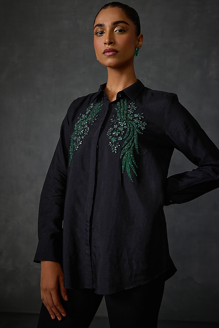 Black Silk Voile Floral Hand Embellished Shirt by Namrata Joshipura at Pernia's Pop Up Shop