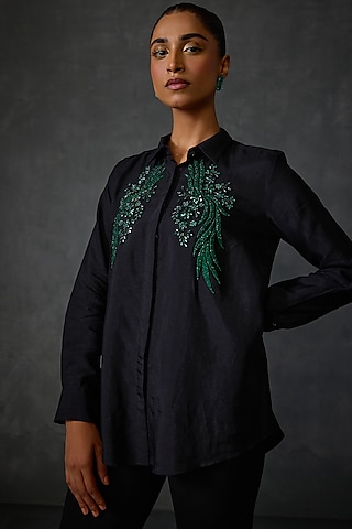 Black Silk Voile Floral Hand Embellished Shirt by Namrata Joshipura