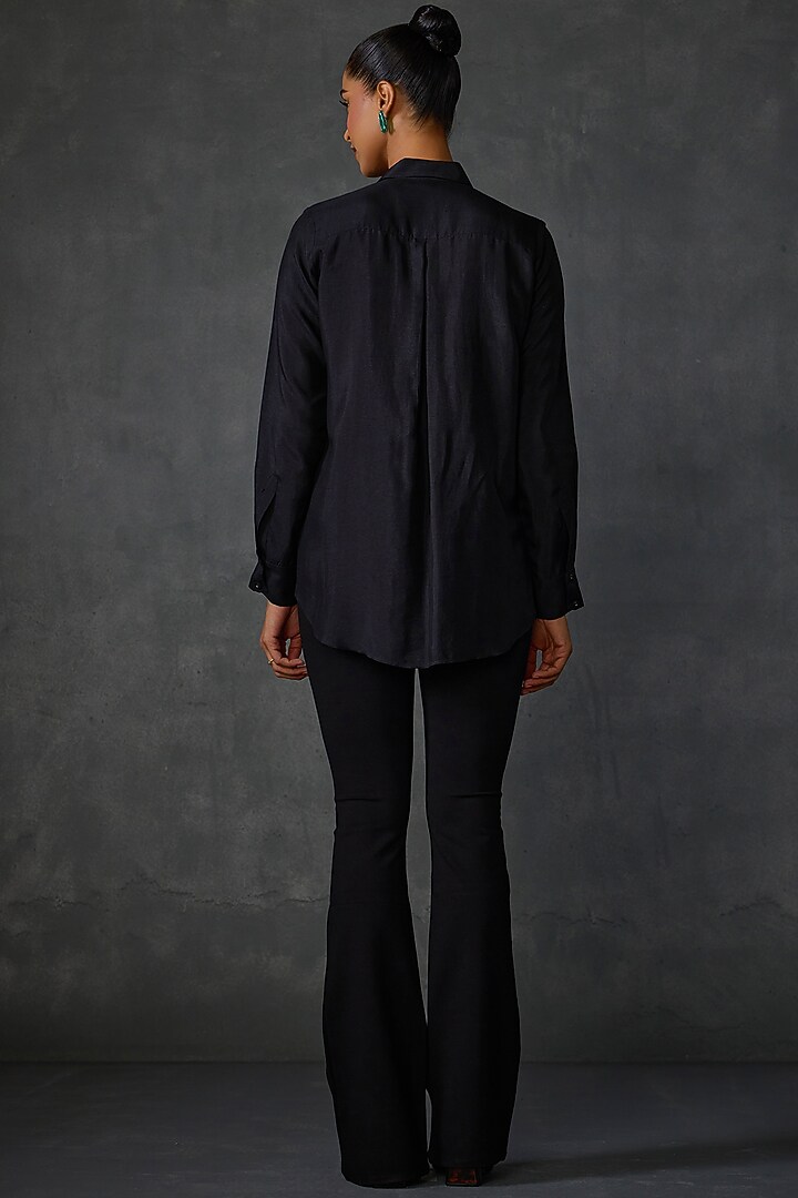 Black Silk Voile Floral Hand Embellished Shirt by Namrata Joshipura at Pernia's Pop Up Shop