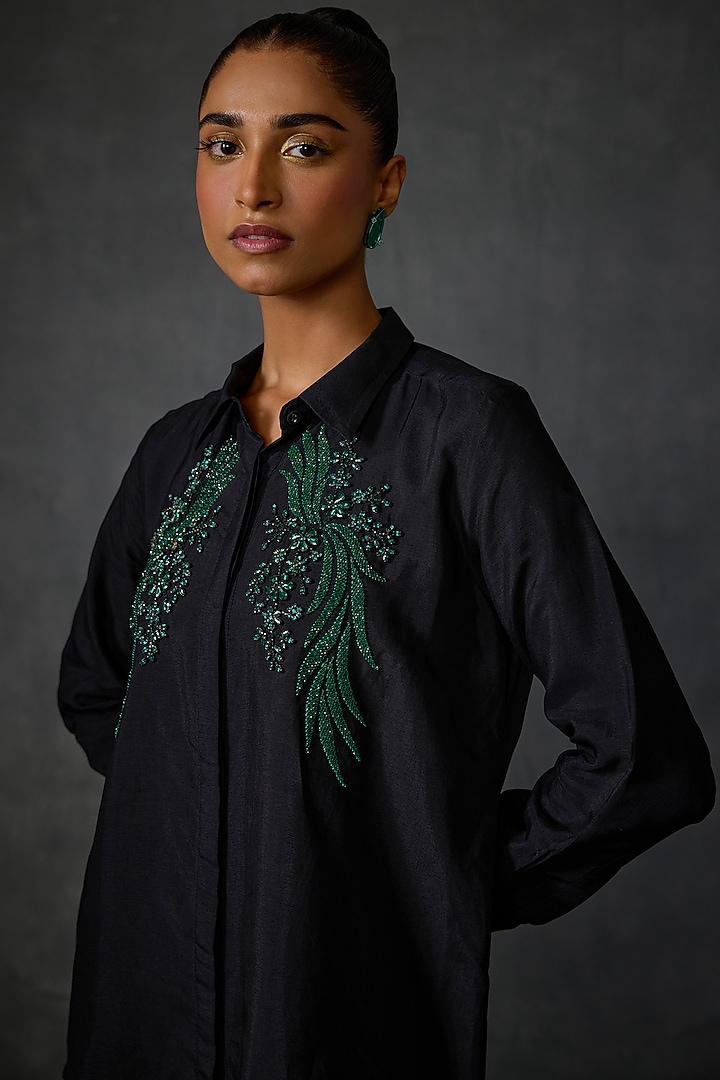 Black Silk Voile Floral Hand Embellished Shirt by Namrata Joshipura at Pernia's Pop Up Shop