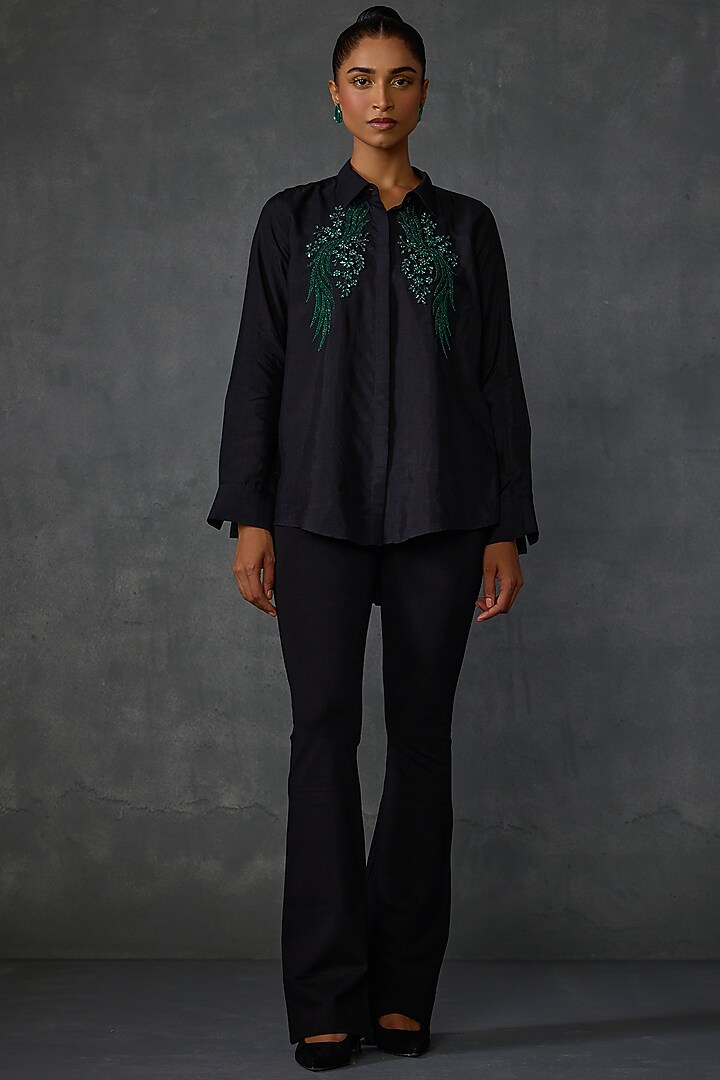 Black Silk Voile Floral Hand Embellished Shirt by Namrata Joshipura at Pernia's Pop Up Shop
