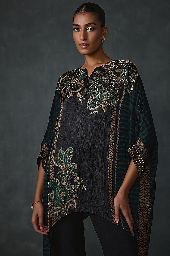 Black Crinkle Cupro Paisley Printed Handkerchief Tunic by Namrata Joshipura at Pernia's Pop Up Shop