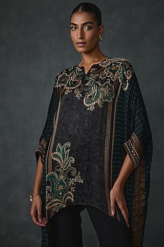 Black Crinkle Cupro Paisley Printed Handkerchief Tunic by Namrata Joshipura