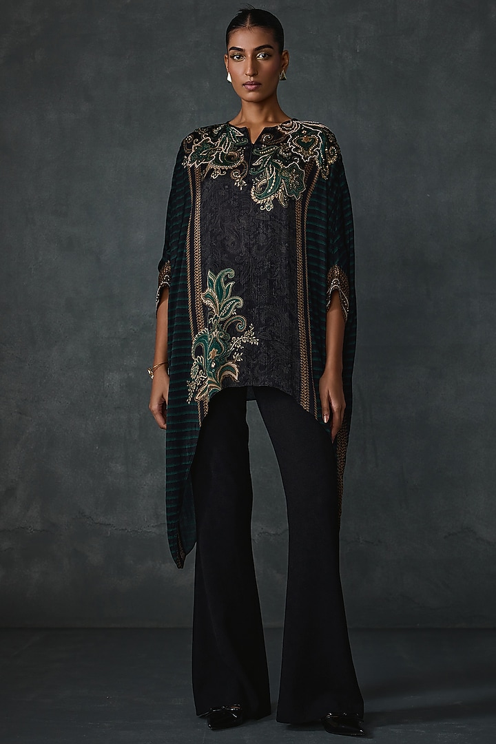 Black Crinkle Cupro Paisley Printed Handkerchief Tunic by Namrata Joshipura at Pernia's Pop Up Shop