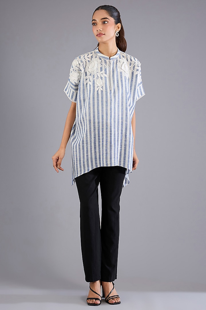 Blue Linen Yarn Dyed Shirt by Namrata Joshipura at Pernia's Pop Up Shop