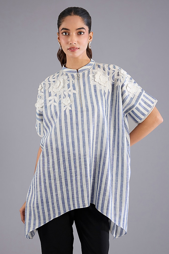 Blue Linen Yarn Dyed Shirt by Namrata Joshipura at Pernia's Pop Up Shop