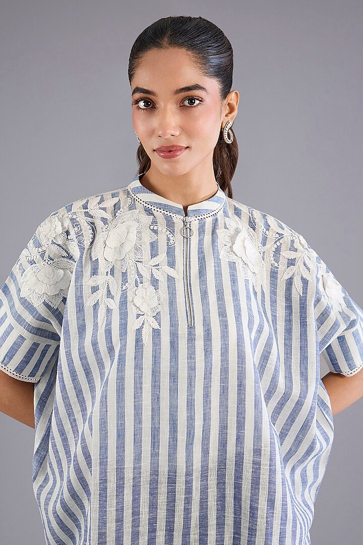 Blue Linen Yarn Dyed Shirt by Namrata Joshipura at Pernia's Pop Up Shop