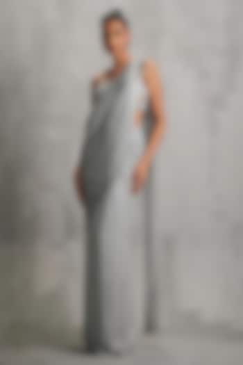 Sterling Silver Shimmer Crepe Hand Embellished Draped Reception Saree Set by Namrata Joshipura at Pernia's Pop Up Shop