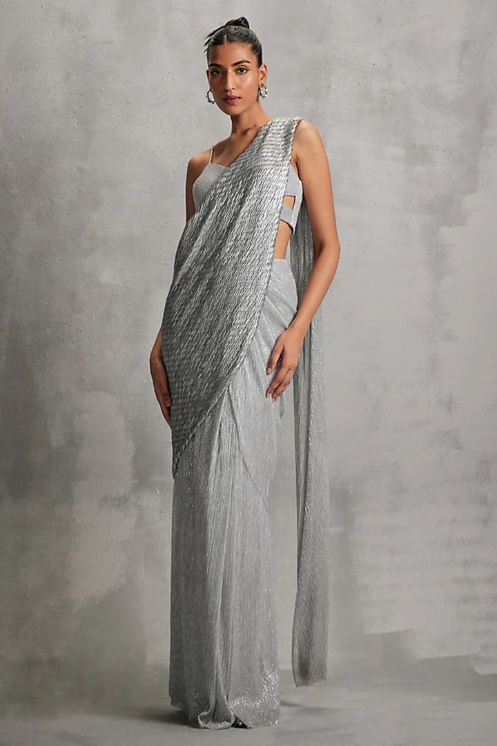 Sterling Silver Shimmer Crepe Hand Embellished Draped Reception Saree Set by Namrata Joshipura at Pernia's Pop Up Shop