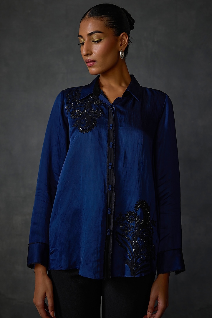 Blueberry-Colored Linen Satin Hand & Machine Embellished Shirt by Namrata Joshipura at Pernia's Pop Up Shop