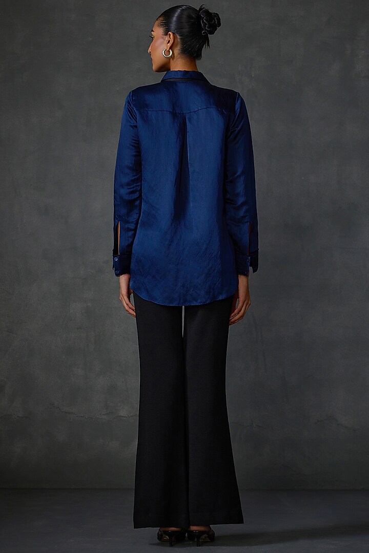 Blueberry-Colored Linen Satin Hand & Machine Embellished Shirt by Namrata Joshipura at Pernia's Pop Up Shop