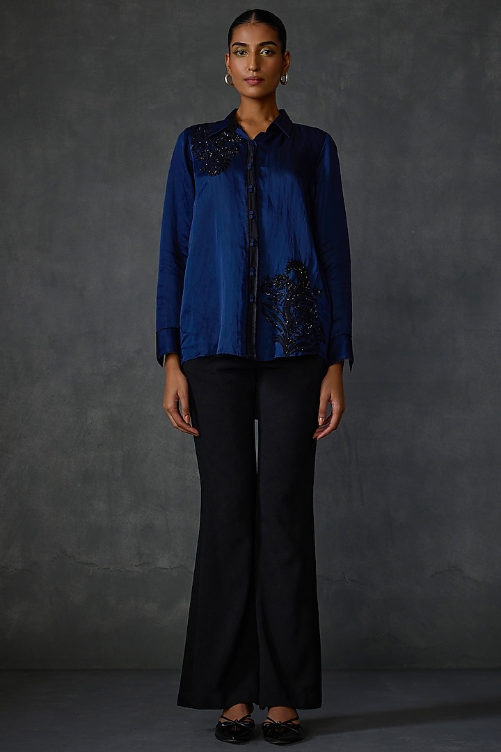 Blueberry-Colored Linen Satin Hand & Machine Embellished Shirt by Namrata Joshipura at Pernia's Pop Up Shop