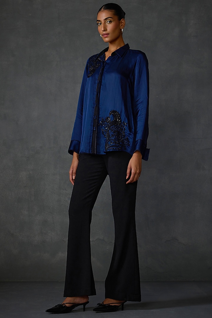 Blueberry-Colored Linen Satin Hand & Machine Embellished Shirt by Namrata Joshipura at Pernia's Pop Up Shop