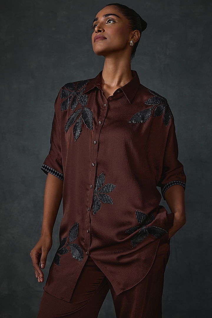 Java-Colored Satin Floral Embellished Shirt Tunic by Namrata Joshipura at Pernia's Pop Up Shop