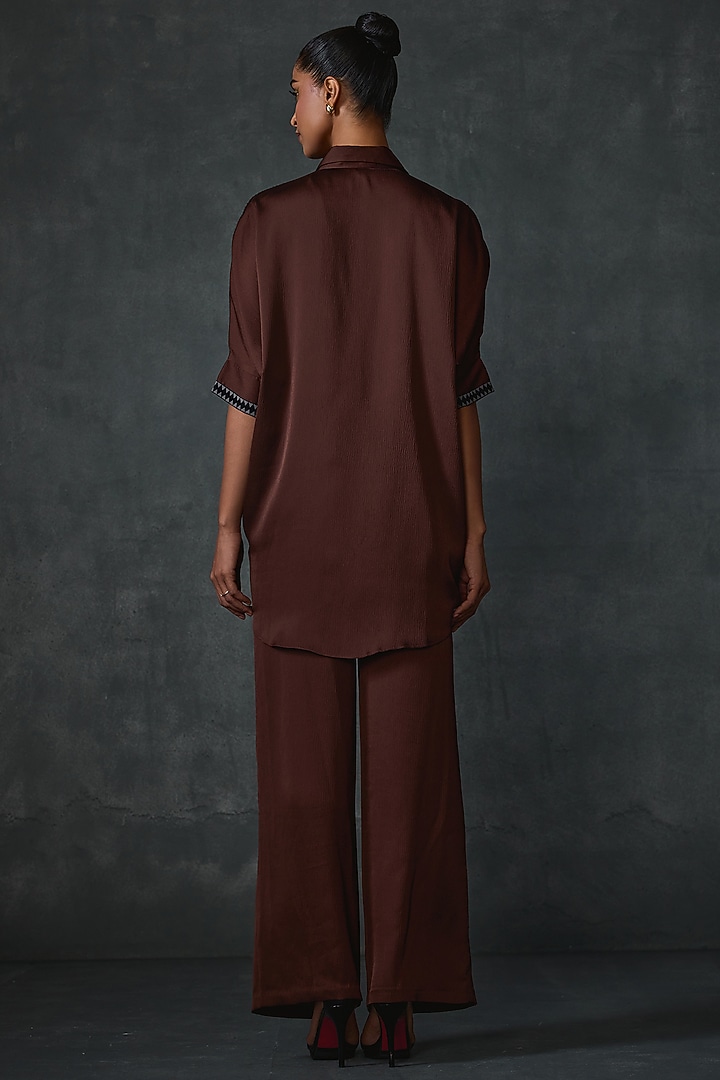 Java-Colored Satin Floral Embellished Shirt Tunic by Namrata Joshipura at Pernia's Pop Up Shop