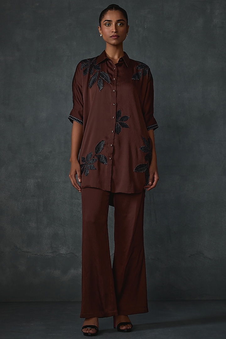 Java-Colored Satin Floral Embellished Shirt Tunic by Namrata Joshipura at Pernia's Pop Up Shop