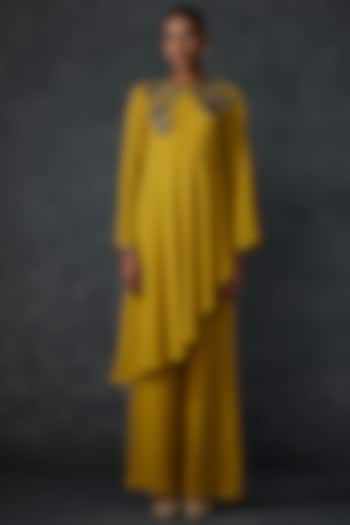 Mustard Georgette Paisley Hand Embellished Asymmetric Tunic by Namrata Joshipura at Pernia's Pop Up Shop