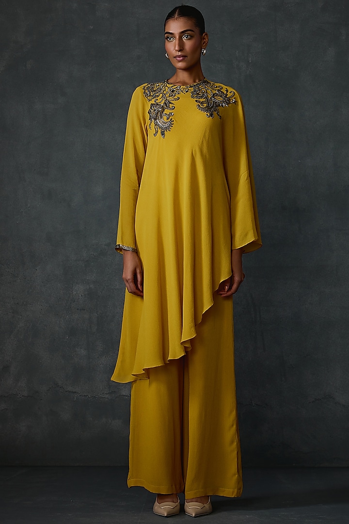 Mustard Georgette Paisley Hand Embellished Asymmetric Tunic by Namrata Joshipura at Pernia's Pop Up Shop