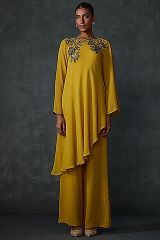 Mustard Georgette Paisley Hand Embellished Asymmetric Tunic by Namrata Joshipura