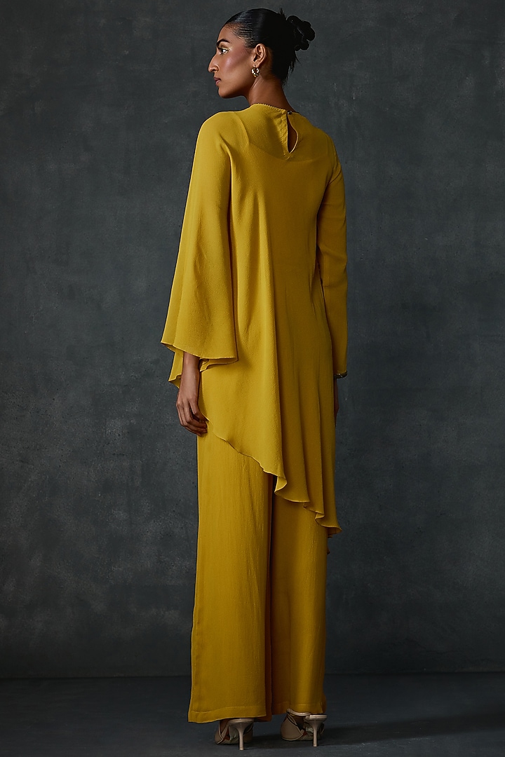 Mustard Georgette Paisley Hand Embellished Asymmetric Tunic by Namrata Joshipura at Pernia's Pop Up Shop