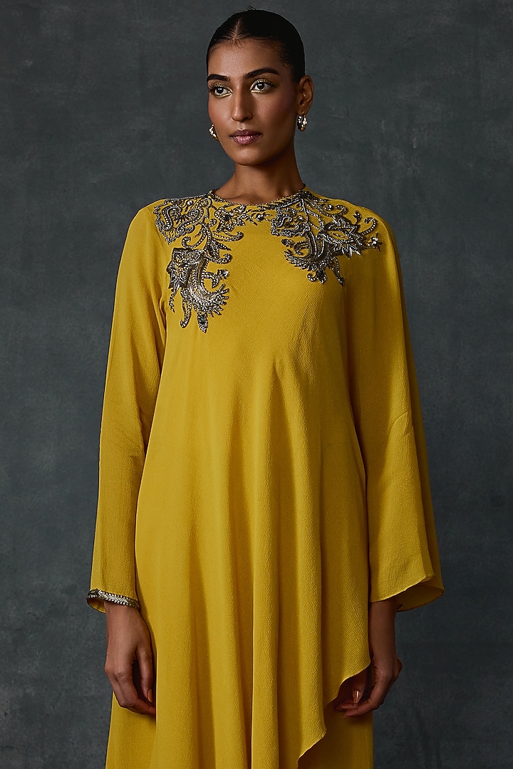 Mustard Georgette Paisley Hand Embellished Asymmetric Tunic by Namrata Joshipura at Pernia's Pop Up Shop