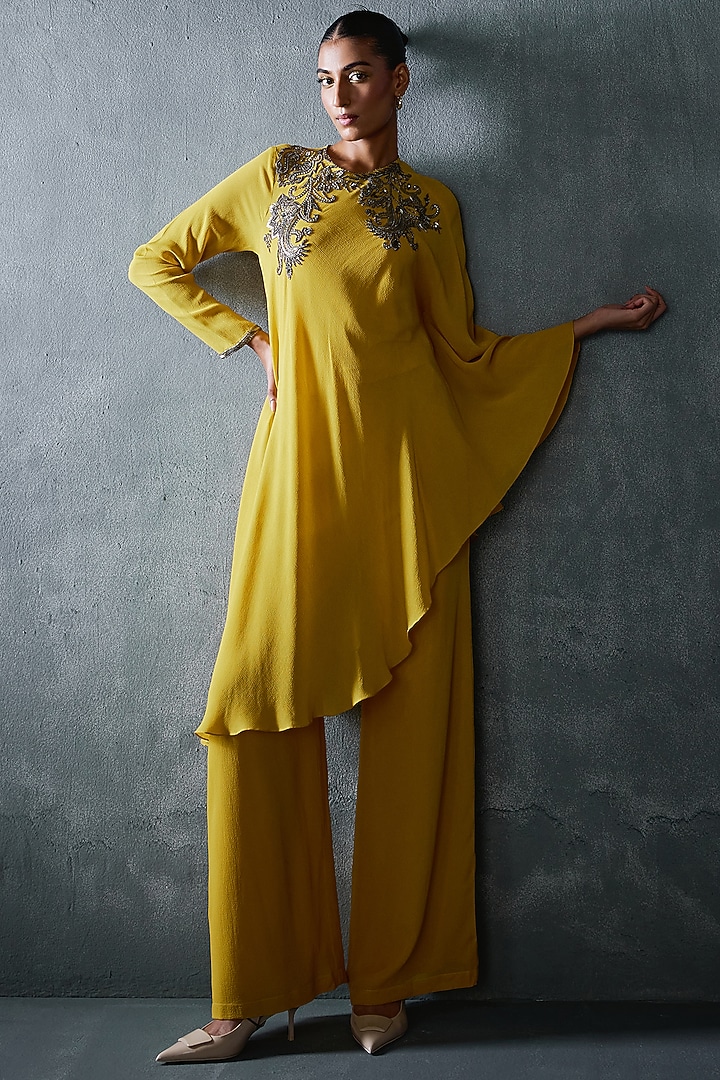 Mustard Georgette Paisley Hand Embellished Asymmetric Tunic by Namrata Joshipura at Pernia's Pop Up Shop