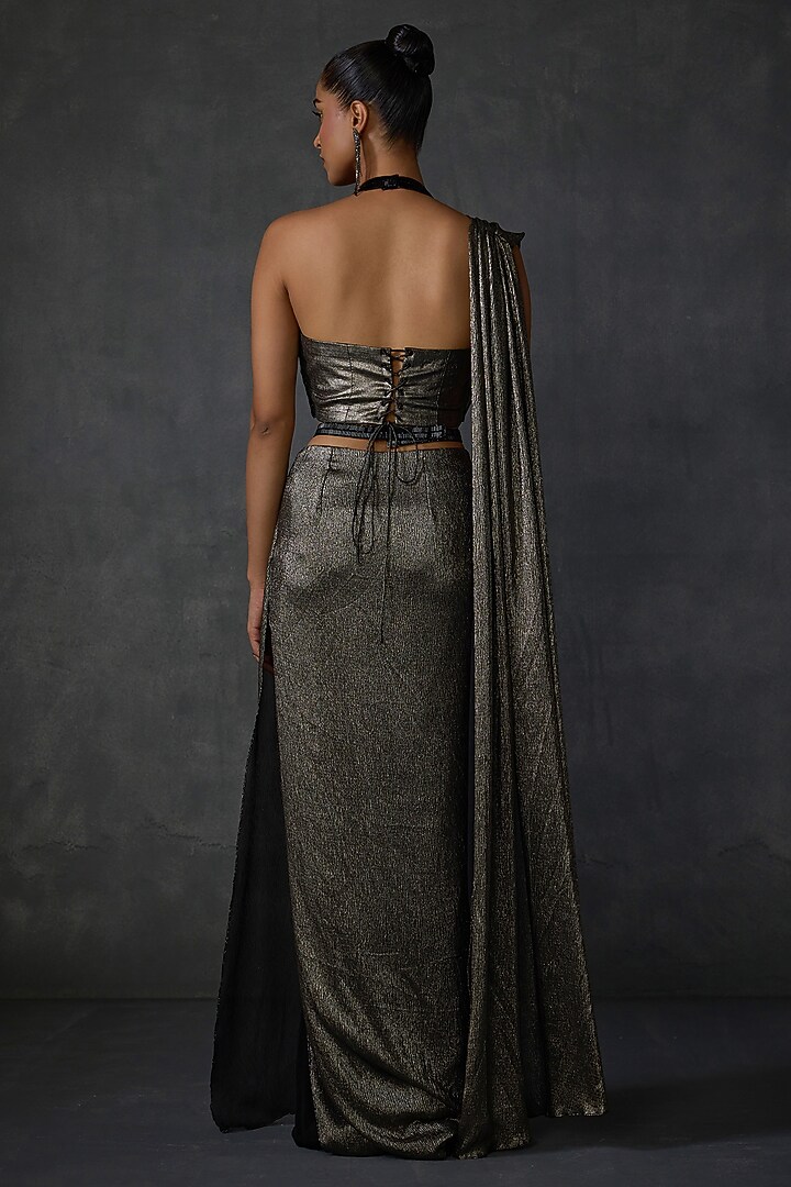 Shimmer Gold Chiffon Hand Embellished Draped Wedding Saree Set by Namrata Joshipura at Pernia's Pop Up Shop