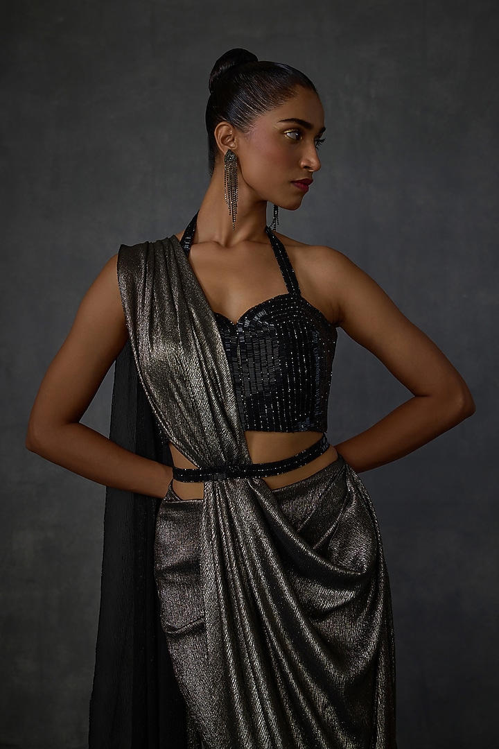 Shimmer Gold Chiffon Hand Embellished Draped Wedding Saree Set by Namrata Joshipura at Pernia's Pop Up Shop
