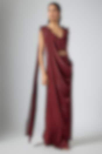 Cherry Red Jersey Floral Hand Embellished Draped Wedding Saree Set by Namrata Joshipura at Pernia's Pop Up Shop