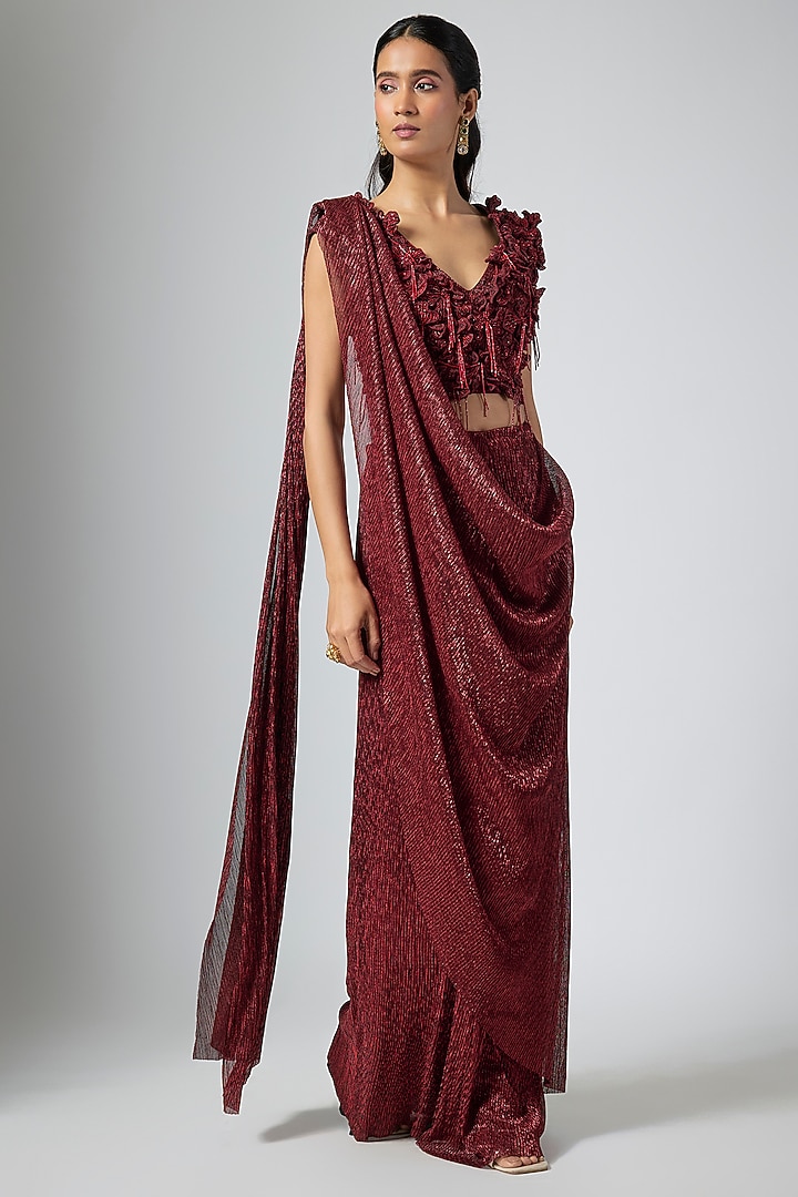 Cherry Red Jersey Floral Hand Embellished Draped Wedding Saree Set by Namrata Joshipura at Pernia's Pop Up Shop