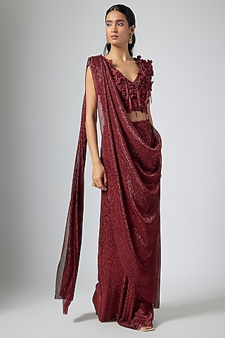 Cherry Red Jersey Floral Hand Embellished Draped Saree Set by Namrata Joshipura