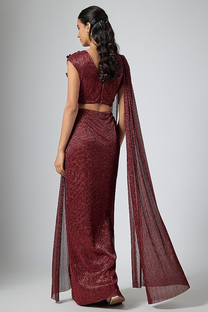 Cherry Red Jersey Floral Hand Embellished Draped Wedding Saree Set by Namrata Joshipura at Pernia's Pop Up Shop