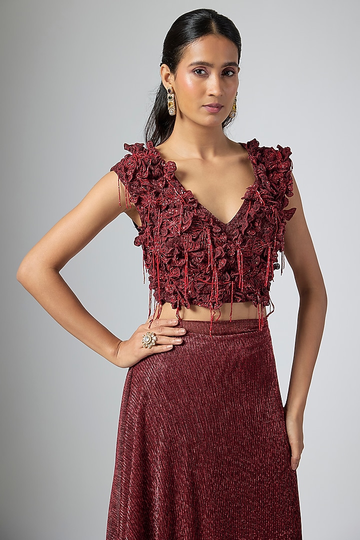 Cherry Red Jersey Floral Hand Embellished Draped Wedding Saree Set by Namrata Joshipura at Pernia's Pop Up Shop
