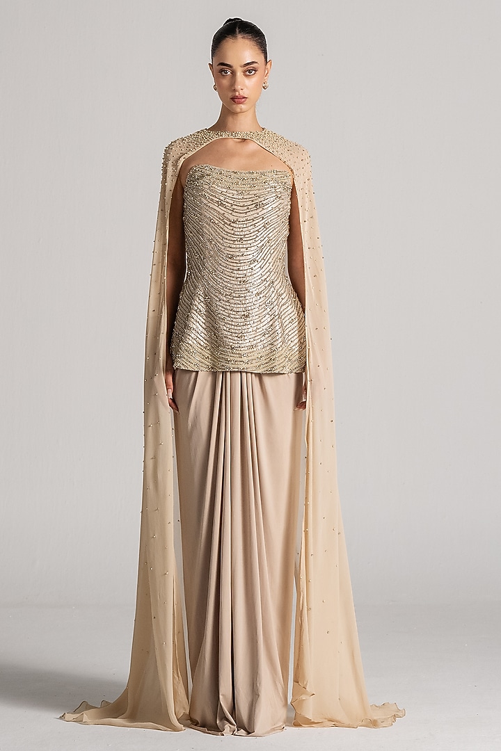 Gold Jersey Cape Set by Namrata Joshipura at Pernia's Pop Up Shop