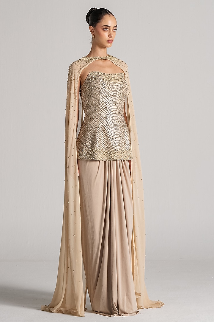 Gold Jersey Cape Set by Namrata Joshipura at Pernia's Pop Up Shop