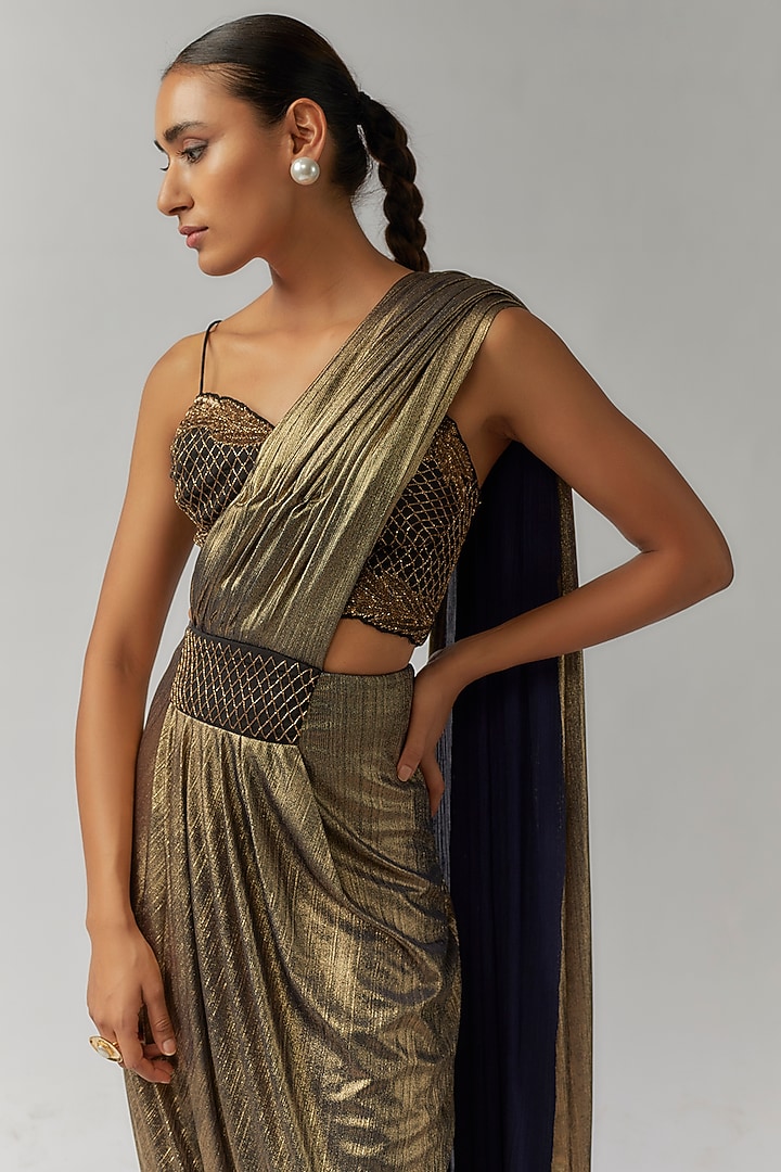 Gold Jersey Hand Embellished Foil Concept Wedding Saree Set by Namrata Joshipura at Pernia's Pop Up Shop