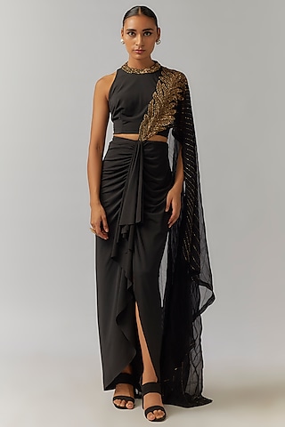 Black Jersey Hand Embellished Draped Concept Saree Set by Namrata Joshipura