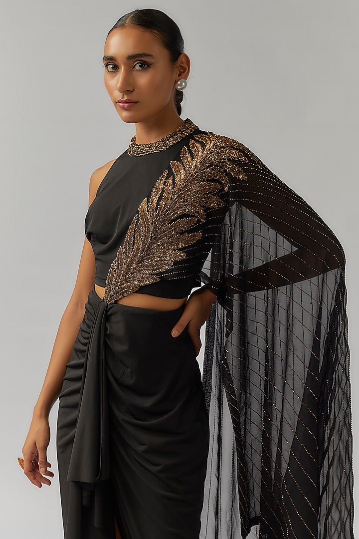 Black Jersey Hand Embellished Draped Concept Wedding Saree Set by Namrata Joshipura at Pernia's Pop Up Shop